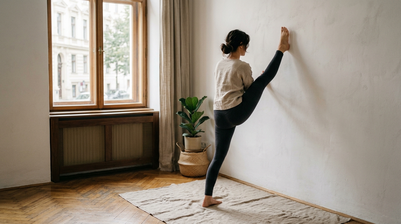 Person dehnt die Beine an der Wand in einer ruhigen Wiener Wohnung mit Tageslicht