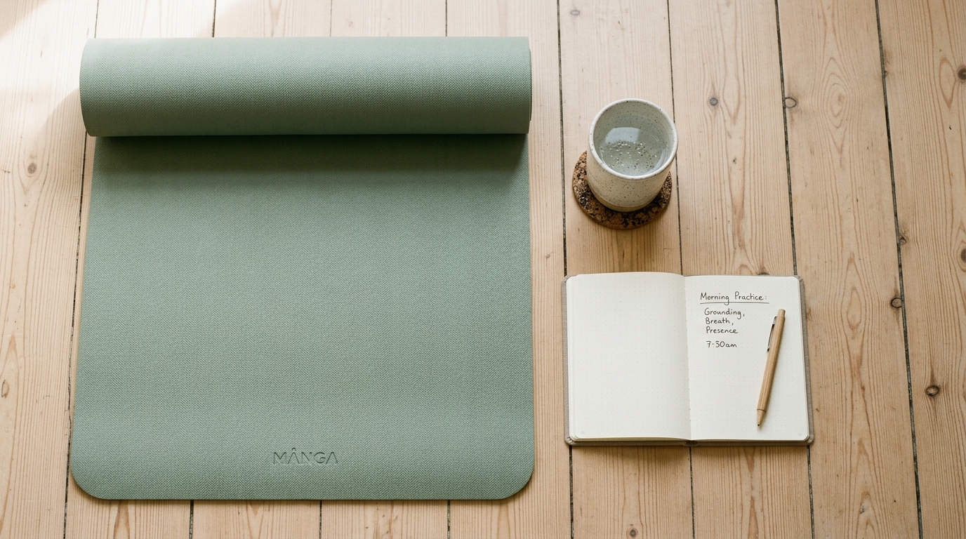 Ausgerollte Yogamatte mit Wasserglas und Notizbuch auf hellem Holzboden