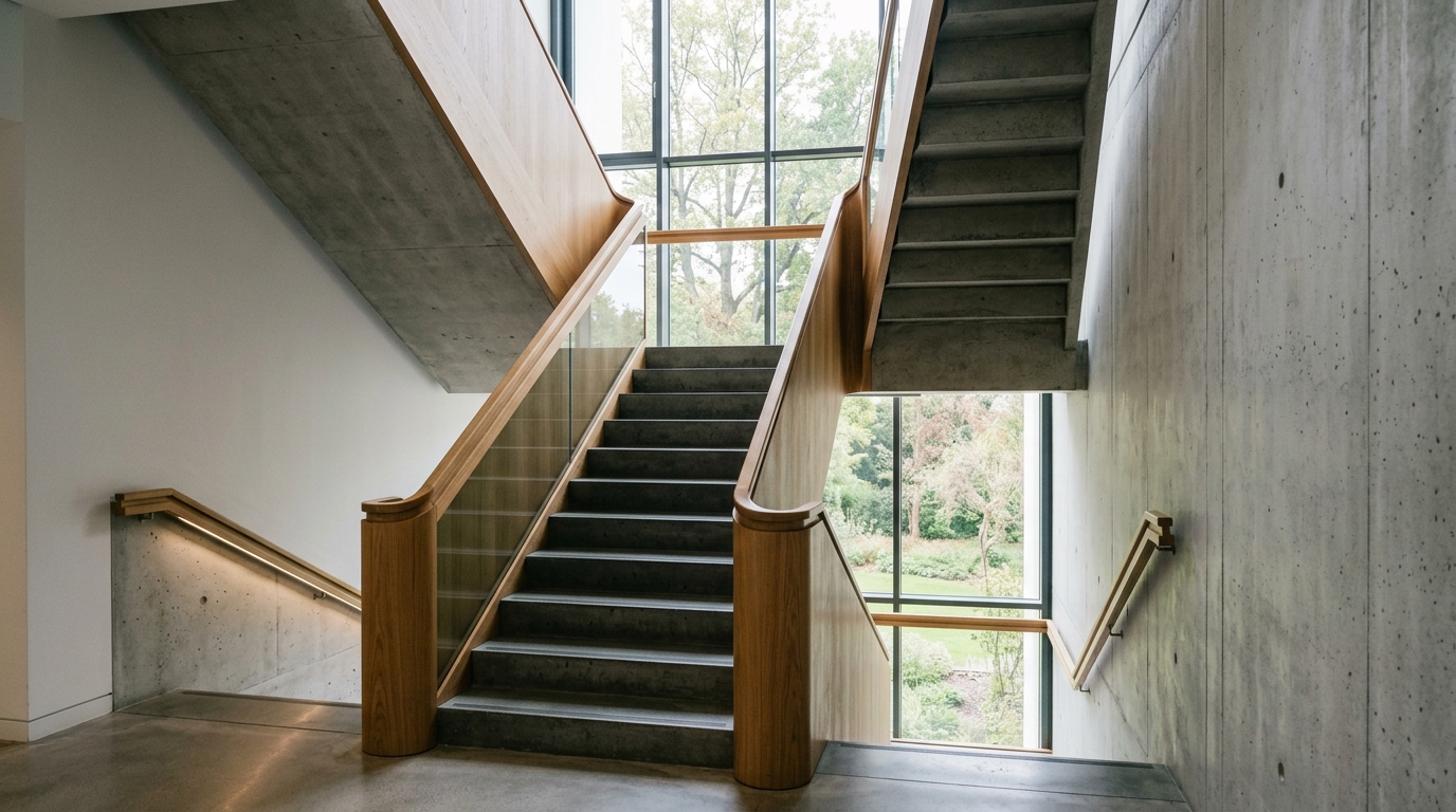 Helles modernes Treppenhaus mit Tageslicht durch ein hohes Fenster